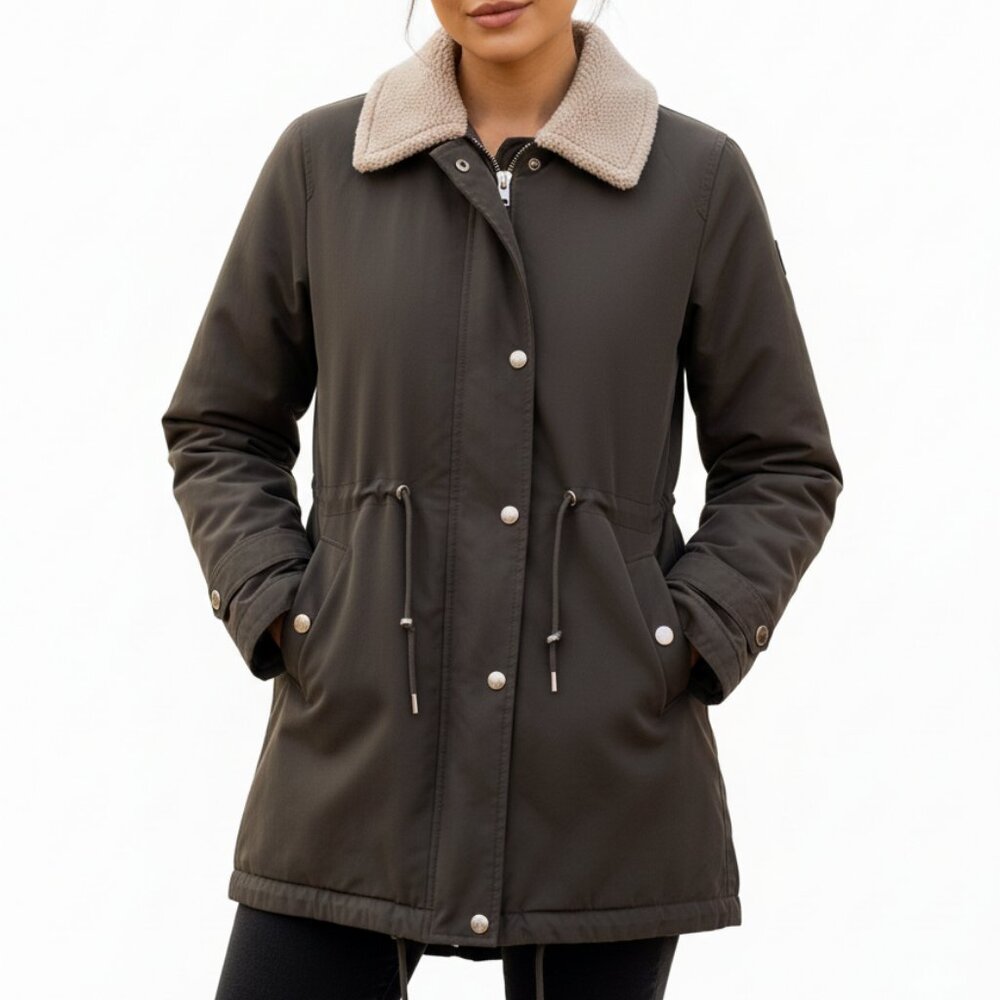 LAUREN Ralph Lauren Olive Quilted Jacket Sherpa Collar Size L - LIKE NEW